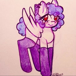 Size: 720x720 | Tagged: safe, artist:violetmilk, oc, pegasus, pony, bow, brushing, crayon drawing, ear piercing, earring, hair bow, jewelry, leggings, long eyelashes, long socks, pegasus oc, piercing, pony oc, red eyes, signature, sketch, socks, spread wings, traditional art, white background, wings