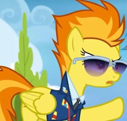 Size: 1648x1567 | Tagged: safe, screencap, spitfire, pegasus, pony, g4, top bolt, angry, annoyed, bush, clothes, cloud, cropped, drill sergeant, female, mare, necktie, pointing, raised hoof, solo, spitfire's tie, suit, sunglasses, uniform, whistle, whistle necklace, wonderbolts dress uniform