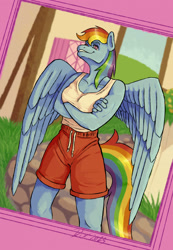 Size: 1595x2310 | Tagged: safe, artist:dixietexas, rainbow dash, pegasus, anthro, g4, arm under breasts, breasts, chin up, clothes, crossed arms, dutch angle, eyebrows, eyelashes, feathered wings, female, hips, masculine mare, multicolored hair, outdoors, pegasus wings, ponyville, pose, rainbow hair, rainbow tail, shorts, sleeveless, smiling, solo, spread wings, tail, tank top, thighs, tomboy, wings