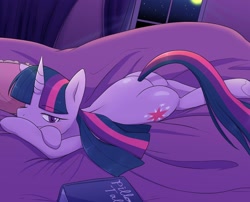 Size: 2048x1654 | Tagged: safe, artist:batipin, twilight sparkle, pony, unicorn, g4, bed, book, butt, female, mare, moon, plot, solo, twibutt, unicorn twilight, window