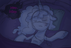 Size: 1007x689 | Tagged: safe, anonymous artist, misty brightdawn, pony, unicorn, series:misty pov, g5, bed, black eye, bruised, dialogue, female, implied opaline arcana, jewelry, mare, medallion, misty can't catch a break, misty deserves better, necklace, pillow, skinny, sleeping, thin
