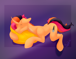 Size: 4428x3420 | Tagged: safe, artist:bydena, oc, oc only, oc:floire, pony, unicorn, cute, horn, male, pillow, prize, simple background, sleeping, solo, tail