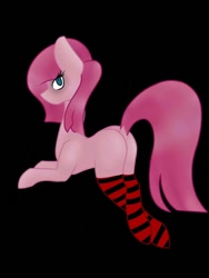 Size: 720x960 | Tagged: safe, pinkie pie, earth pony, pony, g4, black background, butt, clothes, female, looking at you, mare, pinkamena diane pie, plot, simple background, socks, solo, striped socks