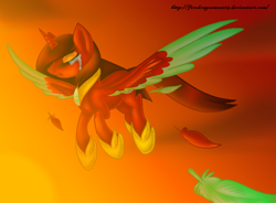 Size: 822x604 | Tagged: safe, artist:firedragonmoon15, oc, oc:phoenix scarletruby, alicorn, pony, brown mane, brown tail, colored wings, crying, feather, flying, gradient background, hoof shoes, jewelry, mint wings, necklace, red coat, red wings, tail, two toned wings, wings