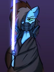 Size: 1500x2000 | Tagged: safe, artist:freak-side, oc, oc only, pony, cloak, clothes, gas mask, jedi, mask, simple background, solo, star wars, sword, weapon