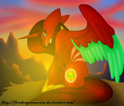 Size: 494x424 | Tagged: safe, artist:firedragonmoon15, oc, oc:phoenix scarletruby, alicorn, pony, brown mane, brown tail, cliff, colored wings, crying, ears back, gritted teeth, head down, hoof shoes, jewelry, lidded eyes, lowres, mint wings, necklace, red coat, red wings, sitting, spread wings, sunset, tail, teeth, two toned wings, wings