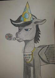 Size: 679x960 | Tagged: safe, oc, oc only, oc:chopsticks, pegasus, pony, bib, bust, hat, male, party hat, party horn, stallion, text, traditional art, unamused