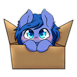 Size: 3464x3464 | Tagged: artist needed, safe, oc, earth pony, pony, blushing, box, cardboard box, earth pony oc, high res, pony in a box, remake, simple background, solo, sticker, transparent background