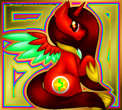 Size: 670x602 | Tagged: safe, artist:firedragonmoon15, oc, oc:phoenix scarletruby, alicorn, pony, abstract background, brown mane, brown tail, colored wings, hoof shoes, jewelry, looking at you, mint wings, necklace, raised hoof, red coat, red wings, sitting, smiling, spread wings, tail, two toned wings, wings