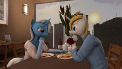 Size: 3840x2160 | Tagged: safe, artist:coolc, prince blueblood, trixie, anthro, g4, 3d, alcohol, date, female, flower, flower in mouth, high res, male, mouth hold, ship:bluetrix, shipping, sitting, source filmmaker, straight, wine