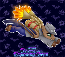 Size: 4465x3937 | Tagged: safe, artist:nekomellow, oc, oc only, oc:distant echo, bat pony, pony, ponyvania, blue mane, blue tail, brown coat, clothes, costume, ear fluff, fangs, flying, halloween, halloween costume, inspector gadget, male, nightmare night, solo, stallion, tail