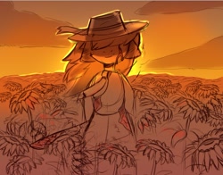 Size: 890x697 | Tagged: safe, artist:freak-side, oc, pony, semi-anthro, cottagecore, crying, dawn, field, flower, hat, looking at you, necktie, smiling, smiling at you, solo, sunflower