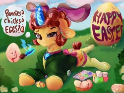 Size: 3200x2400 | Tagged: safe, artist:br0via, oc, oc:cowbellica, pony, clothes, easter, easter egg, female, happy easter, high res, holiday, magic, mare, solo, telekinesis