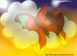 Size: 800x578 | Tagged: safe, artist:firedragonmoon15, oc, oc:phoenix scarletruby, alicorn, pony, brown mane, brown tail, cloud, colored wings, eyes closed, hair over one eye, hoof shoes, jewelry, mint wings, moon, necklace, on a cloud, red coat, red wings, sleeping, sleeping on a cloud, stars, tail, two toned wings, wings