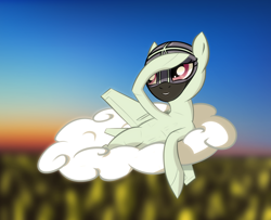 Size: 2232x1813 | Tagged: artist needed, safe, oc, oc only, oc:natasha, original species, plane pony, blurry background, cloud, detailed background, female, fighter, gray coat, happy, jet fighter, looking at something, lying down, lying on a cloud, magenta eyes, mare, mig-31, mig-31 foxhound, mikoyan-gurevich mig-31, on a cloud, plane, smiling, solo