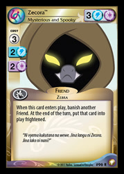 Size: 344x480 | Tagged: safe, enterplay, zecora, zebra, bridle gossip, equestrian odysseys, g4, my little pony collectible card game, ccg, glowing, glowing eyes, hooded cape, merchandise, solo