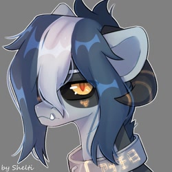 Size: 1000x1000 | Tagged: safe, artist:shelti, oc, oc only, pony, bust, collar, colored pupils, colored sclera, commission, fangs, gray background, hair over one eye, horns, male, simple background, slit pupils, solo, stallion, underbite