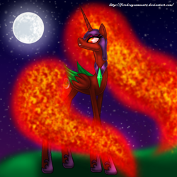 Size: 800x800 | Tagged: safe, artist:firedragonmoon15, oc, oc:nightmare phoenix, alicorn, pony, colored wings, green wings, helmet, hoof shoes, jewelry, looking at the moon, looking at the sky, mane of fire, moon, necklace, night, night sky, red coat, red wings, sky, standing, tail, tail of fire, two toned wings, wings