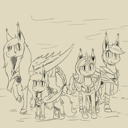 Size: 1000x1000 | Tagged: safe, artist:darkhestur, oc, oc:backgroundpony#f352, oc:blood moon, oc:dark, oc:jade the bat, bat pony, april fools 2023, armor, bat pony oc, monochrome, new lunar republic, old photo, simple background, soldiers, war