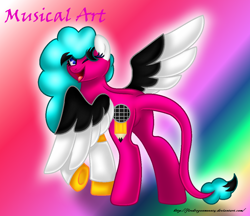 Size: 1124x970 | Tagged: safe, artist:firedragonmoon15, pegasus, pony, black wings, colored wings, cutie mark, cyan mane, gradient background, looking at you, one eye closed, open mouth, rainbow background, raised hoof, two toned wings, white wings, wings
