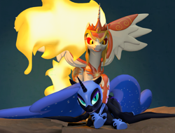 Size: 2556x1944 | Tagged: safe, artist:xafilah, daybreaker, nightmare moon, alicorn, pony, g4, 3d, crater, gmod