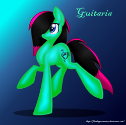 Size: 1052x1042 | Tagged: safe, artist:firedragonmoon15, oc, earth pony, pony, black mane, blue eyes, cutie mark, gradient background, green coat, pink mane, smiling, two toned mane