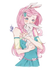 Size: 768x1024 | Tagged: safe, artist:yuiisshy, angel bunny, fluttershy, human, g4, hug, humanized, simple background, white background