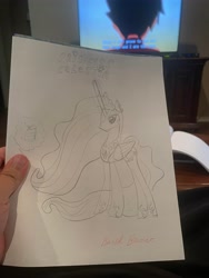 Size: 3024x4032 | Tagged: safe, artist:brisk bronco, derpibooru exclusive, princess celestia, alicorn, pony, g4, cake, cakelestia, female, food, lineart, magic, mare, photo, solo, telekinesis, traditional art