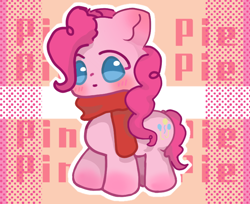 Size: 732x598 | Tagged: safe, artist:m06197773, pinkie pie, earth pony, pony, g4, blushing, clothes, female, mare, scarf, solo, text