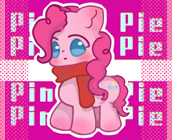 Size: 732x598 | Tagged: safe, alternate version, artist:m06197773, pinkie pie, earth pony, pony, g4, blushing, clothes, female, mare, scarf, solo, text