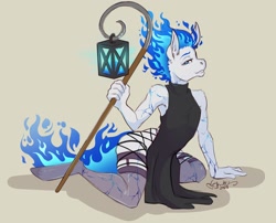 Size: 2190x1770 | Tagged: safe, artist:skuttz, oc, oc only, earth pony, anthro, unguligrade anthro, clothes, cracks, dress, fire hair, garter belt, lamp, lidded eyes, looking at you, mane of fire, solo, stockings, thigh highs