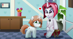 Size: 1000x533 | Tagged: safe, artist:jhayarr23, cayenne, oc, oc:healing touch, pony, unicorn, g4, belly, commission, doctor's office, duo, duo female, female, heart, looking at each other, looking at someone, magic, mare, sitting, smiling, speech bubble, stethoscope, stool, telekinesis