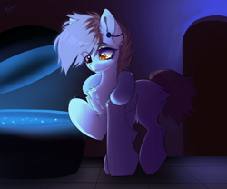 Size: 3000x2500 | Tagged: safe, artist:mysha, oc, oc only, oc:brushed light, earth pony, pony, blackout lenses, contact lens, ear plugs, earth pony oc, female, high res, mare, sensory deprivation