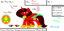 Size: 847x405 | Tagged: safe, artist:firedragonmoon15, oc, oc:phoenix scarletruby, alicorn, pony, brown mane, brown tail, colored wings, cute, hoof shoes, jewelry, looking at you, mint wings, necklace, red coat, red wings, reference sheet, simple background, smiling, standing, tail, two toned wings, white background, wings