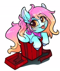 Size: 2189x2602 | Tagged: safe, artist:skuttz, oc, oc only, earth pony, pony, :3, blushing, box, chibi, eyebrows, eyebrows visible through hair, high res, looking at you, neckerchief, pony in a box, present, raspberry, smiling, solo, tongue out