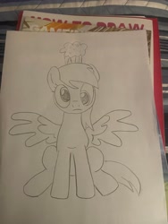 Size: 3024x4032 | Tagged: safe, artist:brisk bronco, derpibooru exclusive, derpy hooves, pegasus, pony, g4, female, food, lineart, looking at you, muffin, photo, sitting, solo, spread wings, traditional art, wings