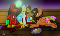 Size: 819x491 | Tagged: safe, artist:firedragonmoon15, oc, oc:phoenix scarletruby, alicorn, pony, brown mane, brown tail, colored wings, female, food, glass of water, glowing, glowing horn, happy, hoof shoes, horn, jewelry, laughing, looking at someone, lying, mint wings, necklace, orange coat, pizza, plate, red coat, red wings, siblings, sisters, sitting, tail, two toned coat, two toned mane, two toned wings, white coat, wings, yellow mane