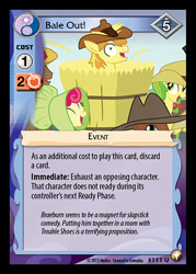 Size: 344x480 | Tagged: safe, enterplay, apple bumpkin, apple fritter, braeburn, coco crusoe, meadow song, earth pony, pony, appleoosa's most wanted, equestrian odysseys, g4, my little pony collectible card game, apple family member, ccg, female, hay bale, hayburn, male, mare, merchandise, stallion