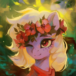 Size: 2500x2500 | Tagged: safe, artist:dearmary, oc, oc only, pony, female, floral head wreath, flower, flower in hair, freckles, high res, mare, one eye closed, solo