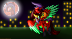 Size: 3140x1700 | Tagged: safe, artist:firedragonmoon15, oc, oc:nightmare phoenix, oc:phoenix scarletruby, alicorn, pony, brown mane, brown tail, city, clothes, colored wings, costume, hat, high res, jewelry, mint wings, moon, necklace, nightmare night, nightmare night costume, red coat, red wings, running, spread wings, tail, two toned wings, wings, witch hat
