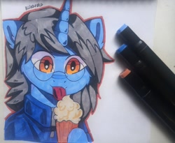 Size: 1600x1309 | Tagged: safe, artist:freak-side, oc, oc only, pony, unicorn, food, glasses, ice cream, licking, marker drawing, solo, tongue out, traditional art