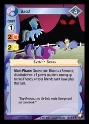 Size: 344x480 | Tagged: safe, enterplay, applejack, pinkie pie, rainbow dash, rarity, twilight sparkle, bats!, equestrian odysseys, g4, my little pony collectible card game, cape, ccg, clothes, merchandise