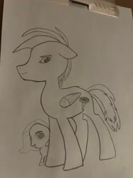 Size: 3024x4032 | Tagged: safe, artist:brisk bronco, derpibooru exclusive, oc, oc only, oc:jetflight neon, pegasus, pony, father and child, father and daughter, female, filly, floppy ears, foal, lineart, male, photo, stallion, traditional art