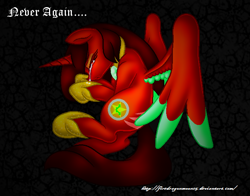 Size: 668x524 | Tagged: safe, artist:firedragonmoon15, oc, oc:phoenix scarletruby, alicorn, pony, abstract background, brown mane, brown tail, colored wings, crying, hoof shoes, jewelry, lying down, mint wings, necklace, on side, red coat, red wings, scar, spread wings, tail, two toned wings, wings