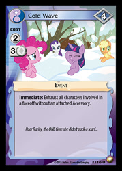 Size: 344x480 | Tagged: safe, enterplay, applejack, pinkie pie, rarity, twilight sparkle, alicorn, earth pony, pony, unicorn, equestrian odysseys, g4, my little pony collectible card game, tanks for the memories, ccg, eyes closed, female, group, horn, mare, merchandise, quartet, snow