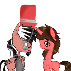 Size: 512x512 | Tagged: safe, artist:magicangelstarartist, oc, oc only, pegasus, pony, unicorn, beard, clothes, duo, facial hair, female, hat, jacket, jewelry, male, mare, necklace, simple background, stallion, top hat