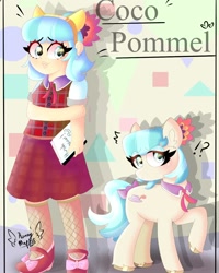 Size: 1080x1350 | Tagged: safe, artist:honey_mapple1, coco pommel, earth pony, human, pony, g4, bow, clothes, dress, female, humanized, mare, notebook, raised hoof, tail, tail bow, text