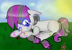 Size: 430x298 | Tagged: safe, artist:magicangelstarartist, oc, oc only, earth pony, pony, ear piercing, earring, female, grass, grass field, jewelry, lying down, mare, piercing, prone, solo, sun