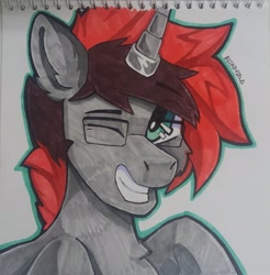 Size: 1575x1600 | Tagged: safe, artist:freak-side, pony, unicorn, glasses, looking at you, male, marker drawing, one eye closed, photo, smiling, solo, traditional art