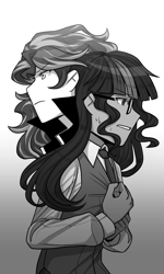 Size: 1800x3000 | Tagged: safe, artist:evelili, sunset shimmer, twilight sparkle, human, fanfic:the twilight effect, equestria girls, g4, clothes, glasses, monochrome, necktie